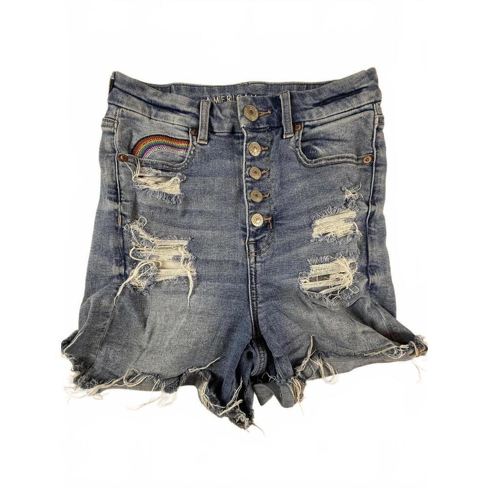 American Eagle Shorts Womens 2 Blue High Rise Distressed Cutoff Cute Rainbow